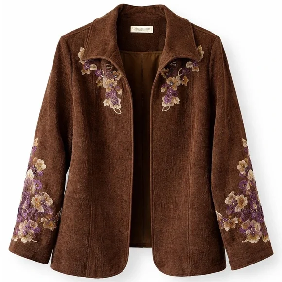 Coldwater Creek Beaded Embroidered Brown Open Front Jacket Floral Boho Women’s - Picture 1 of 10